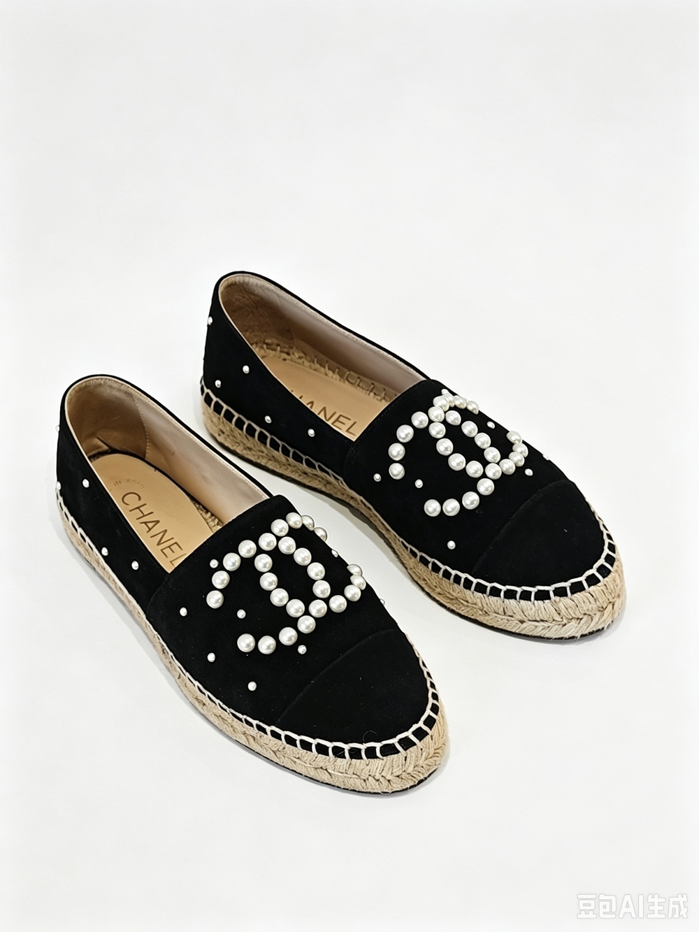 Chanel Black Suede  Pearl-Embellished Espadrille Flats